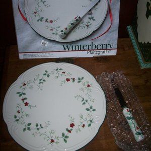 Cheese Tray or Cake Plate w Sculpted Slicer Knife Holly Pfaltzgraff Winterberry